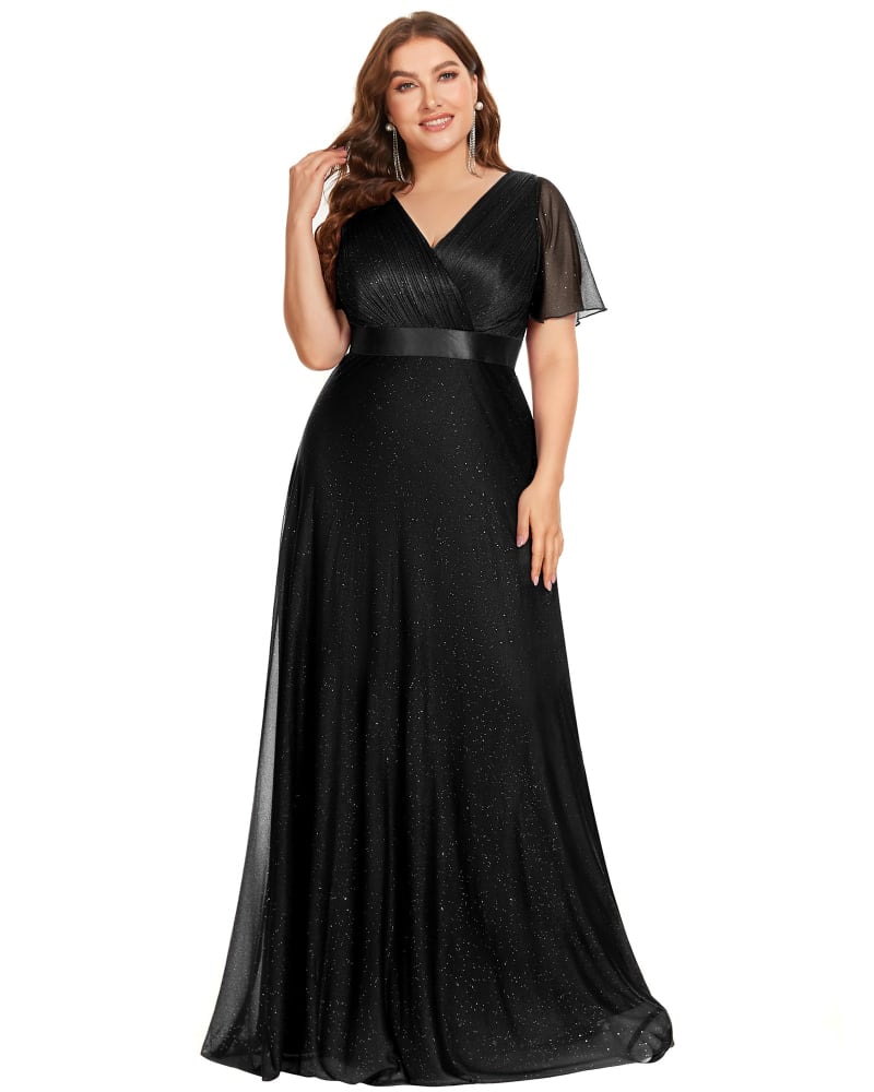 Front of a model wearing a size 10 Short Sleeve V-Neck Ribbon Waist A-Line Evening Dress in Black by Ever-Pretty. | dia_product_style_image_id:284620